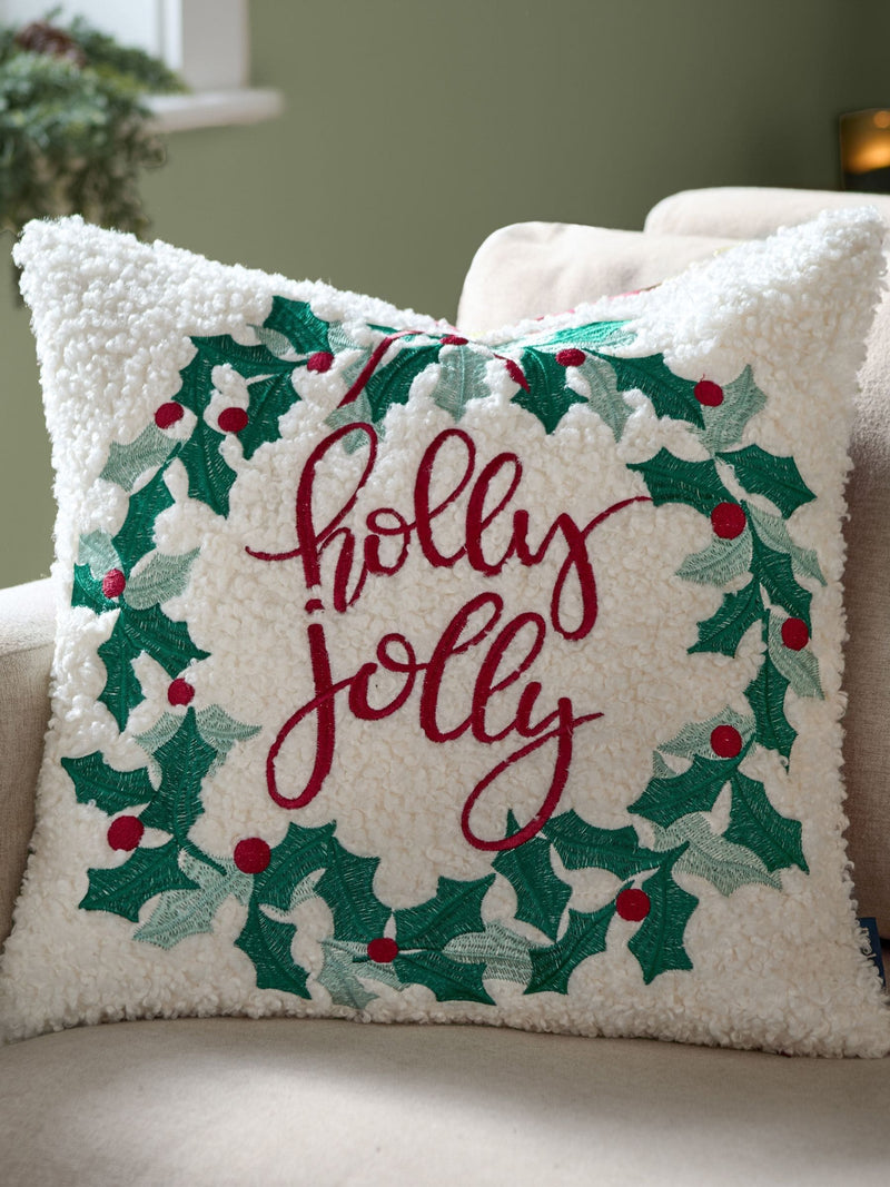 Furn multicolour Christmas holly wreath embroidered cushion (British brand)