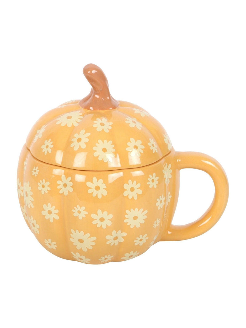 Something Different orange groovy floral print pumpkin lidded ceramic mug 500ml (British brand)