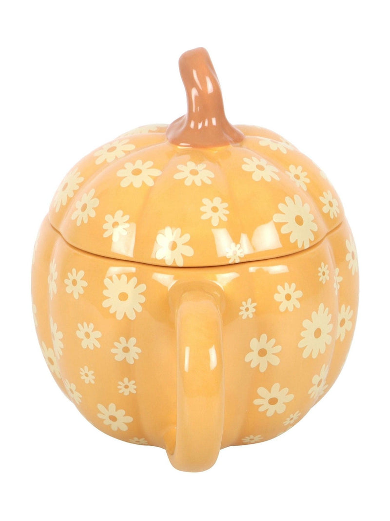 Something Different orange groovy floral print pumpkin lidded ceramic mug 500ml (British brand)