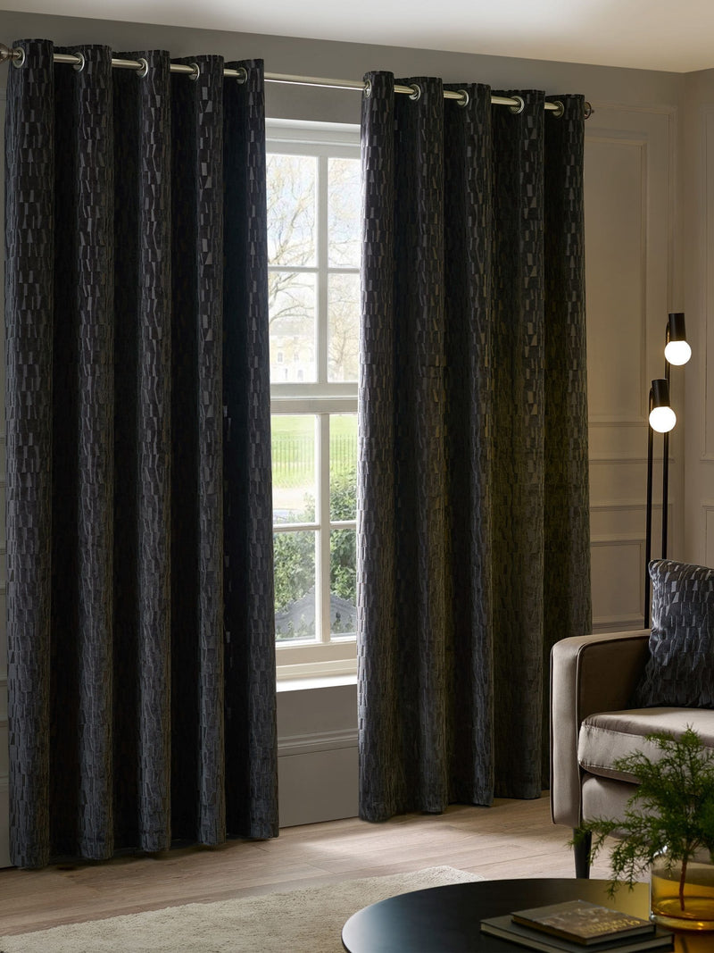 Paoletti grey Manhattan velvet eyelet curtains, imported from the UK