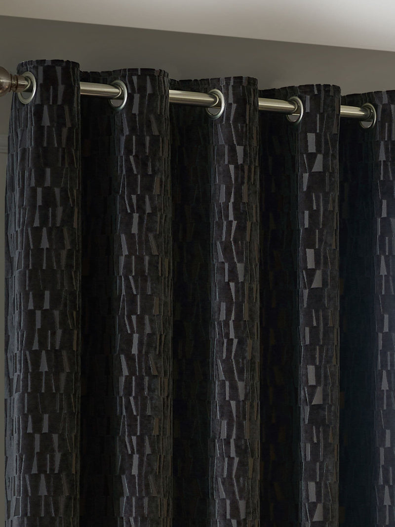 Paoletti grey Manhattan velvet eyelet curtains, imported from the UK