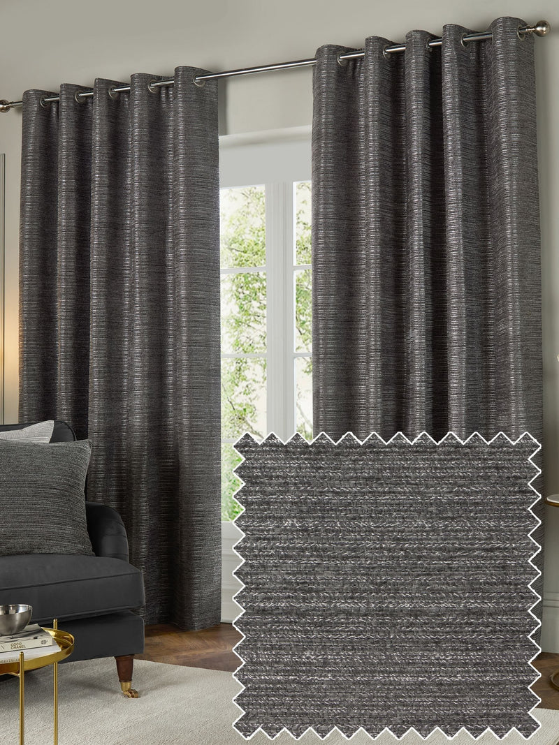 Paoletti grey Jupiter chenille jacquard eyelet curtains, imported from the UK