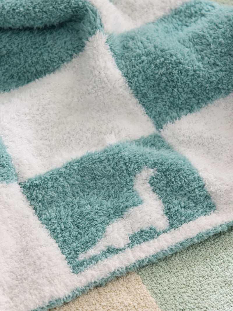JoJo Maman Bébé teal blue dino boucle blanket, imported from the UK