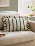 Wylder Connie Stripe Ruffle Cushion in moss green (British brand)