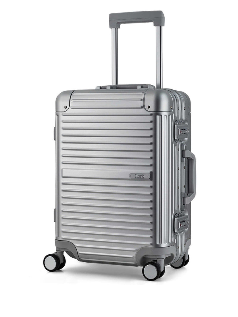 Rock Silver Axel aluminium cabin suitcase, British brand