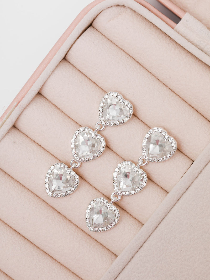 Silver-Tone Crystal Heart Triple Drop Statement Earrings with Post Back, 49mm Length