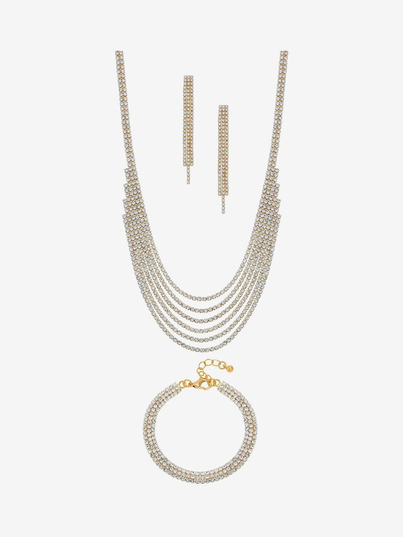 Mood Gold Tone Crystal Multirow 3 Piece Jewellery Set