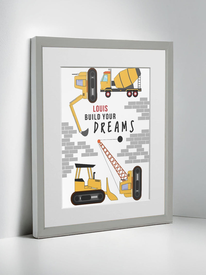 Jonnys Sister personalised construction nursery framed print 12x10 inches, imported from the UK