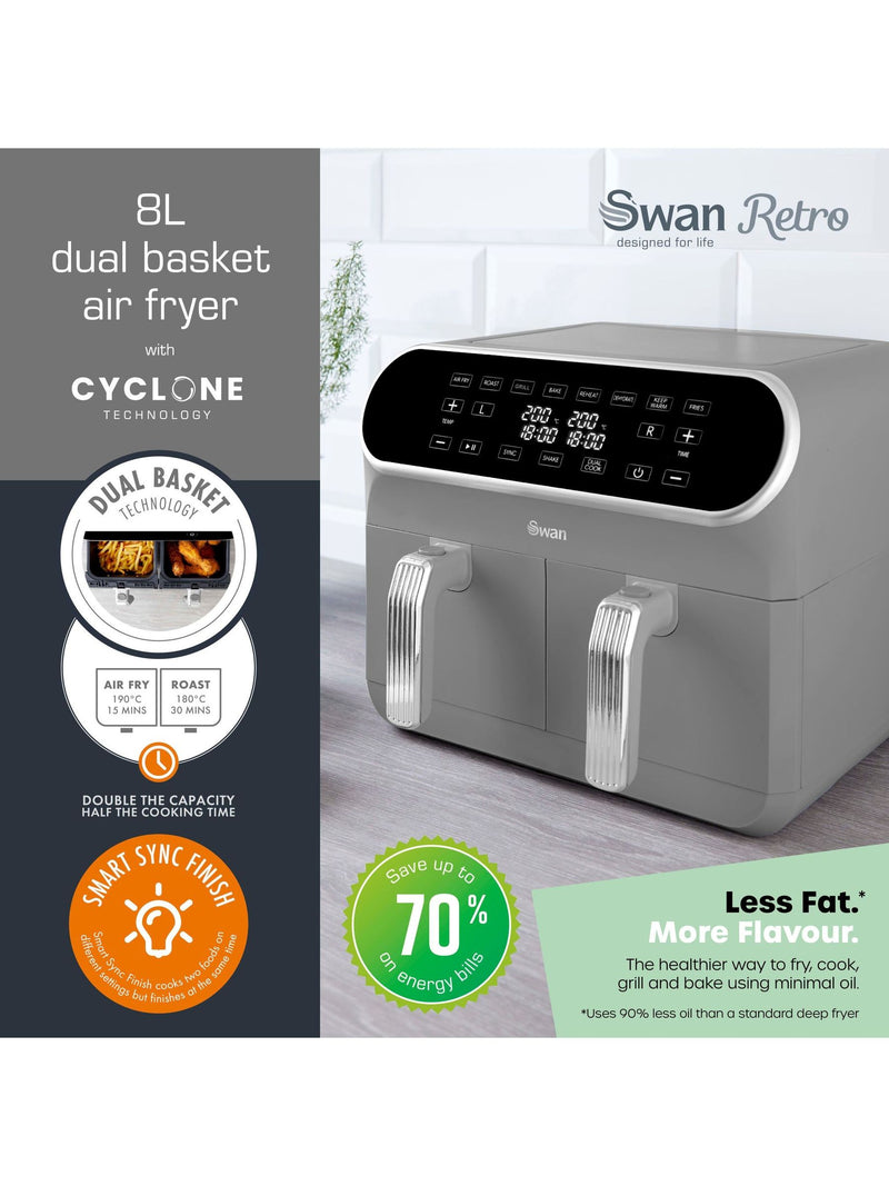 Swan Grey Retro Dual Basket Air Fryer ONE (British brand)