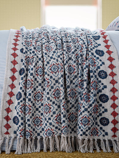 Next Joules Blue Cream Country Tiles Cotton Throw 150x200cm- Buy online at McGrocer