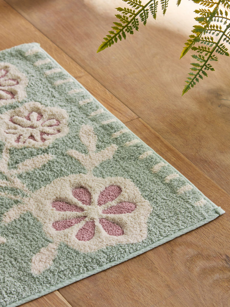 Cotton bath mat sage green floral 50x80cm (British brand)