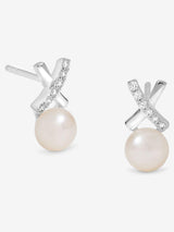 Simply Silver Polished and Pave Kiss Pearl Effect Stud Earrings Sterling Silver Jewellery 6.5mm x 13.3mm