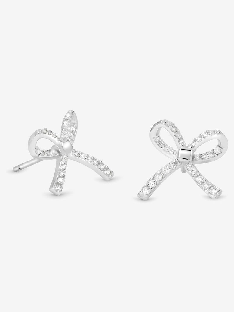 Simply Silver pave bow stud earrings with cubic zirconia and pearl drop, 12.7mm x 13mm (British brand)