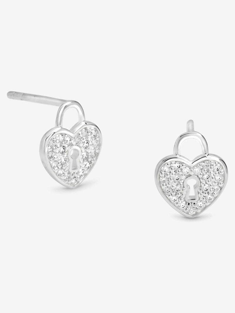Simply Silver pave padlock heart stud earrings 8.6mm x 10mm (British brand)