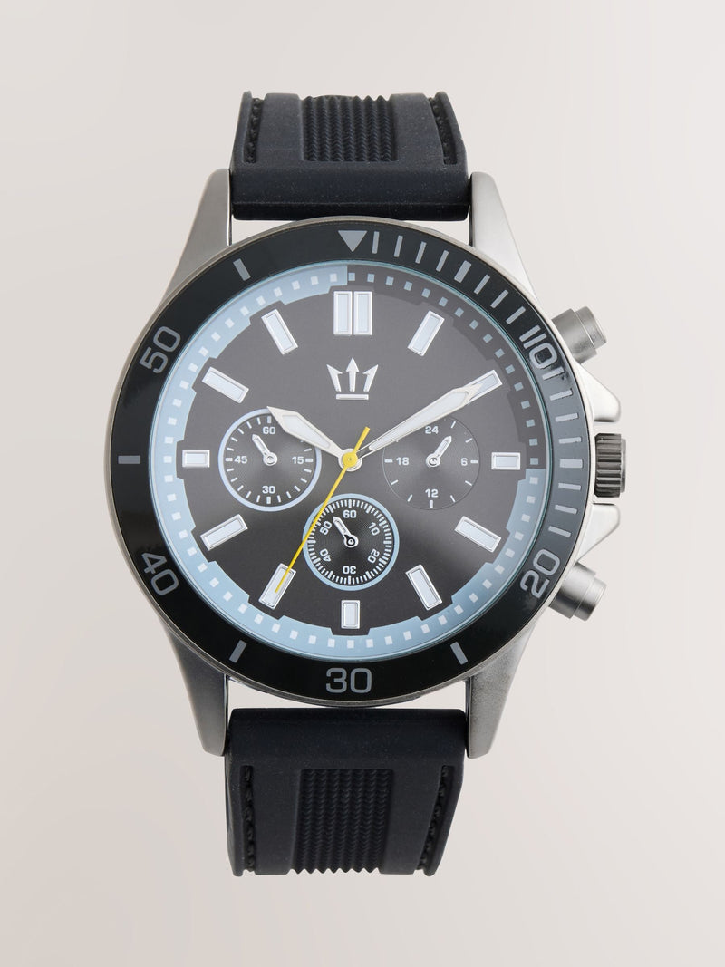 Black silicone strap watch with blue detailing - British product