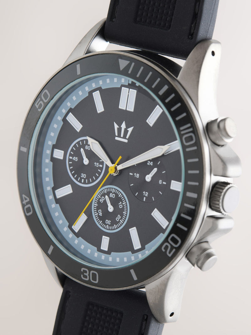 Black silicone strap watch with blue detailing - British product