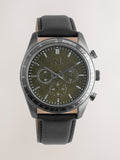 Black N. leather strap watch with green checkerboard dial, UK version