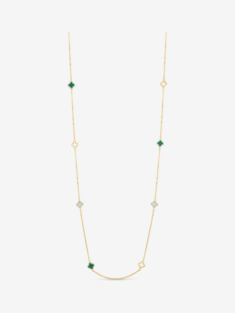 Gold Plated Malachite Clover Station Rope Necklace with Lobster Clasp