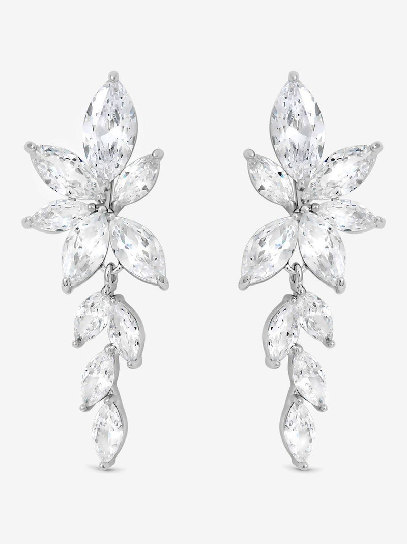 Rhodium Plated Crystal Leaf Drop Earrings