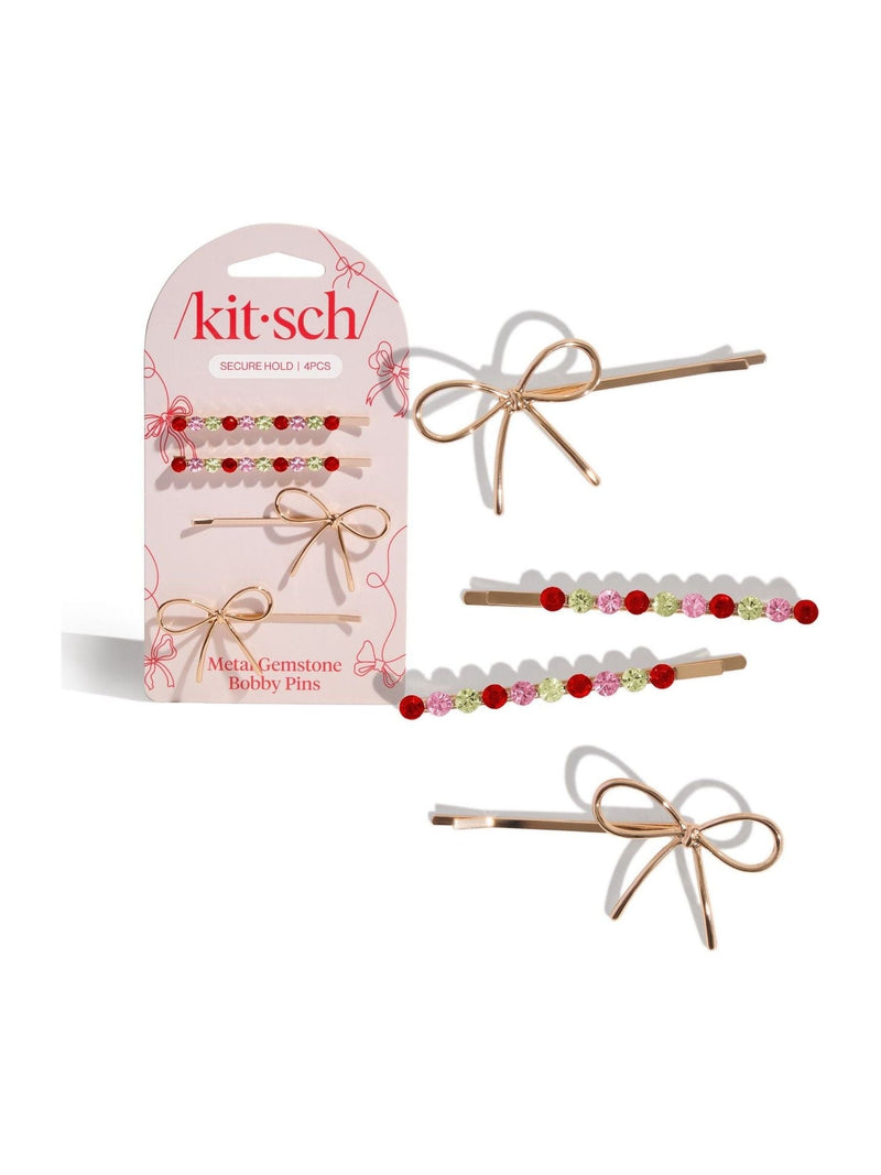 Kitsch gemstone and bow bobby pins 4 piece set, UK version