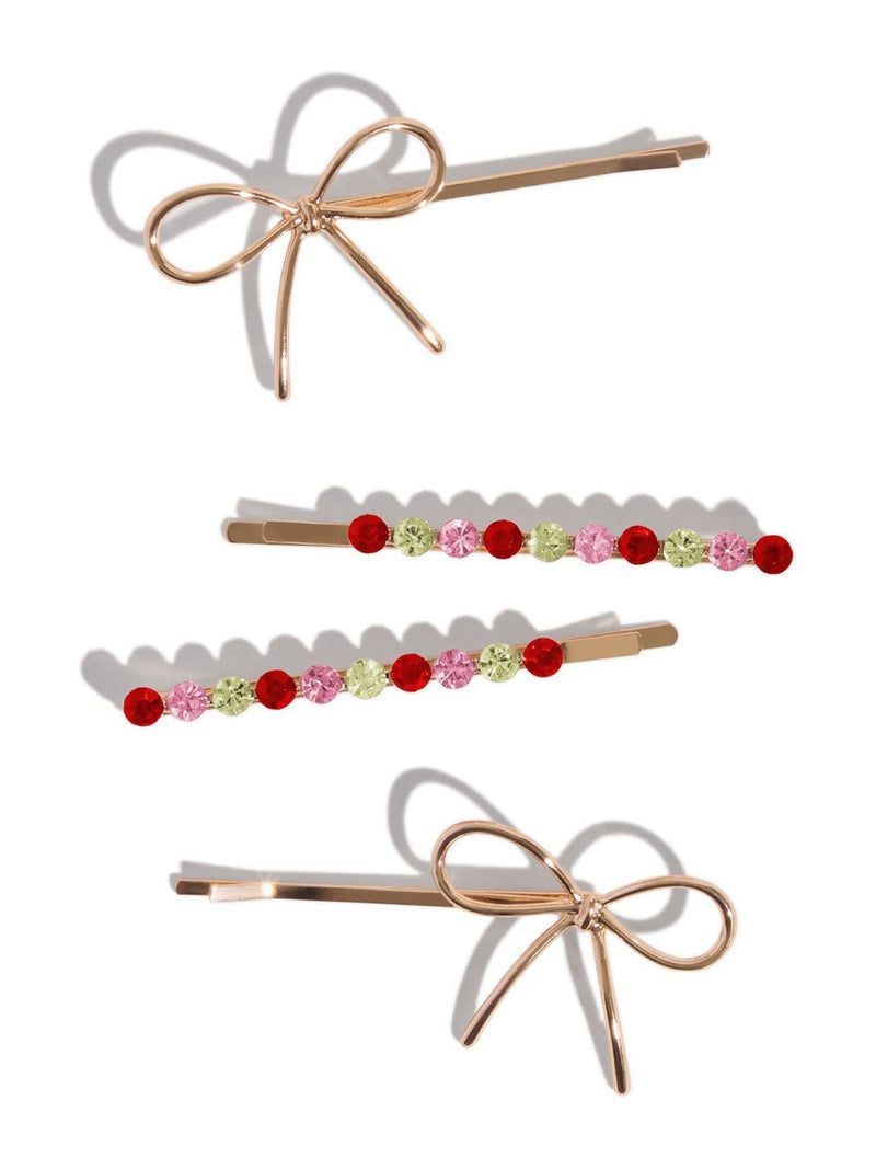 Kitsch gemstone and bow bobby pins 4 piece set, UK version