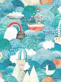 Hoopla Walls wallpaper sample Aqua Coral Ships Ahoy! (British brand)