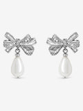 Rhodium Plated Cubic Zirconia and Pearl Bow Earrings with Post Fastening, 20mm