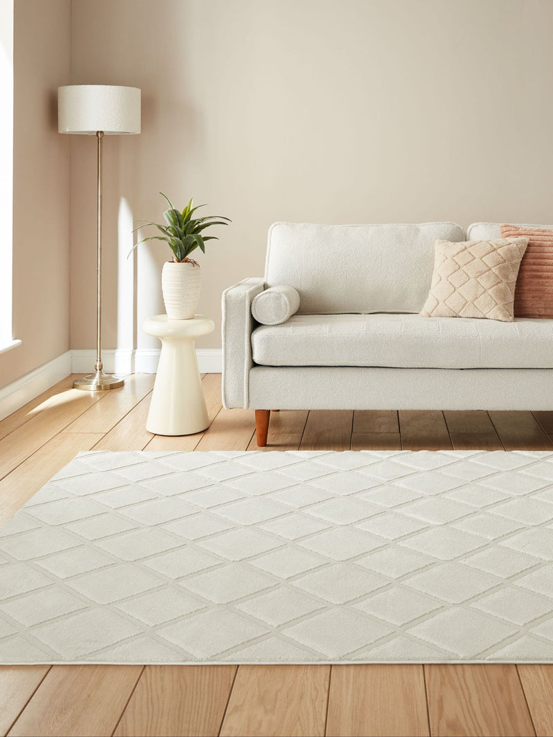 Catherine Lansfield cream cosy diamond washable rug, imported from the UK