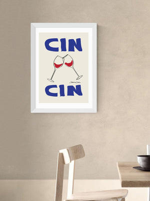 East End Prints White Cin Cin Wall Art Print by Stephie Cardona Wine-Themed Typographic Print