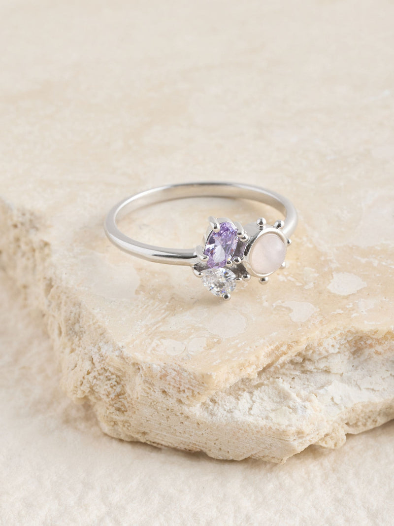 Sterling silver cluster stone ring with purple and pink stones - British product