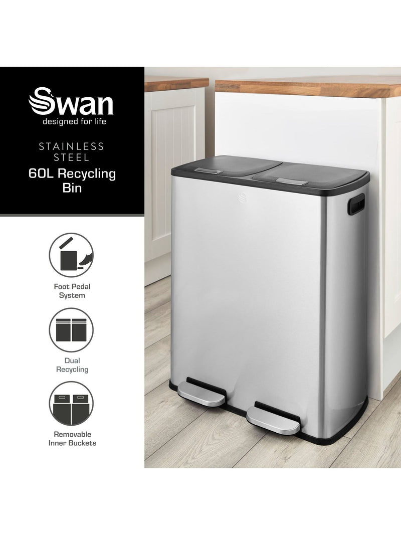 Swan stainless steel 60L recycling bin with 2x30L compartments (British brand)