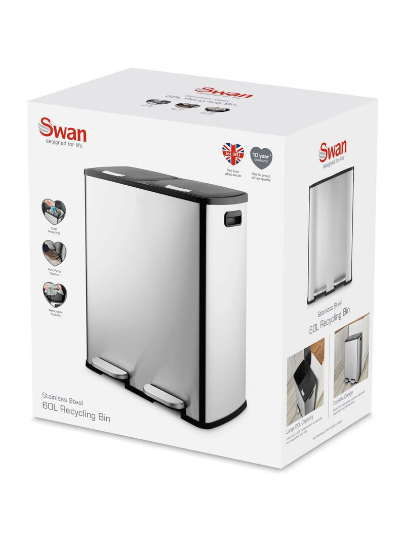 Swan stainless steel 60L recycling bin with 2x30L compartments (British brand)