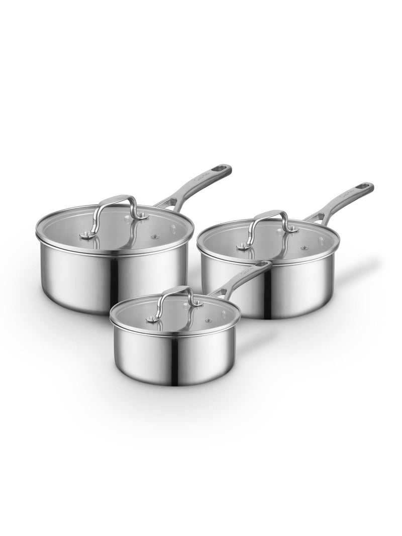 Sur La Table TriPly stainless steel saucepan set with 16cm, 18cm, 20cm pans (British brand)