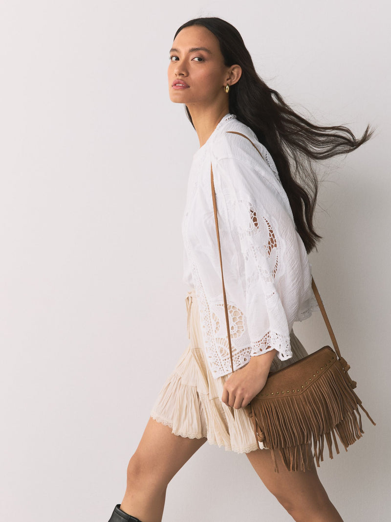 Tan leather fringe cross body bag 15x21cm, UK version