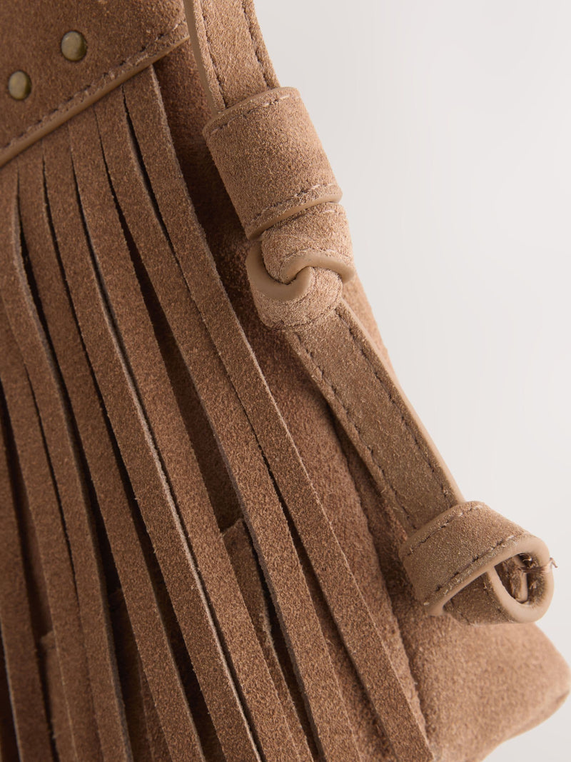 Tan leather fringe cross body bag 15x21cm, UK version