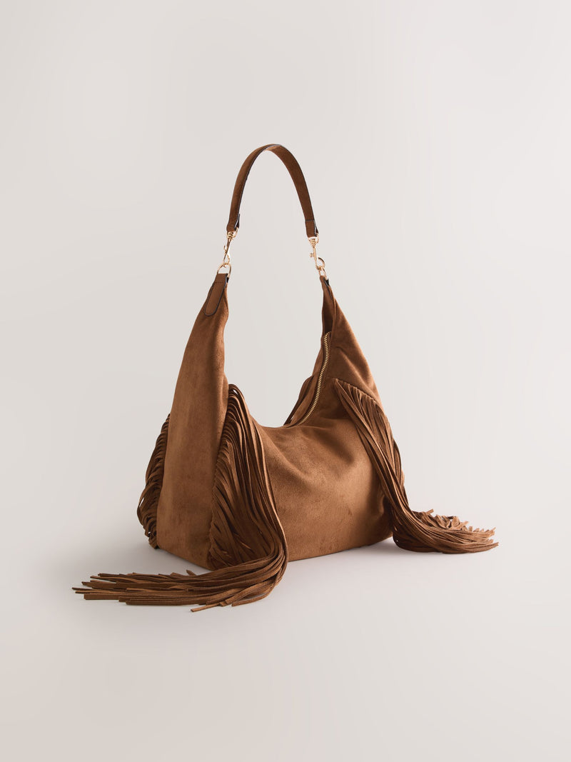Tan brown suedette fringe shoulder bag 42x40x14cm (British brand)