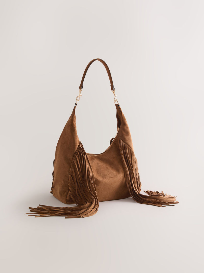 Tan brown suedette fringe shoulder bag 42x40x14cm (British brand)