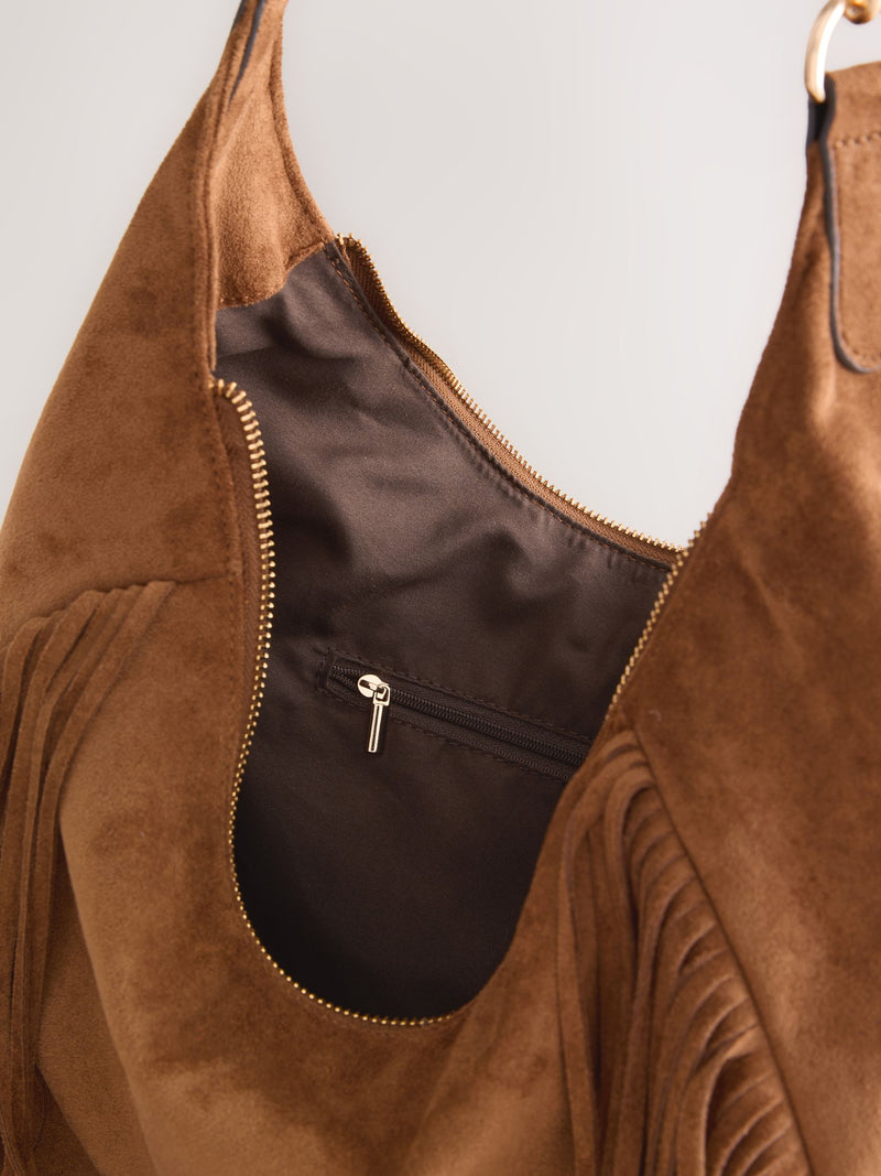 Tan brown suedette fringe shoulder bag 42x40x14cm (British brand)