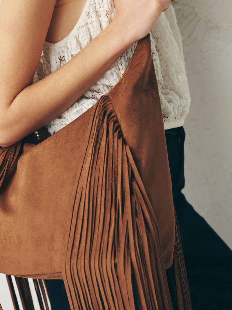 Tan brown suedette fringe shoulder bag 42x40x14cm (British brand)