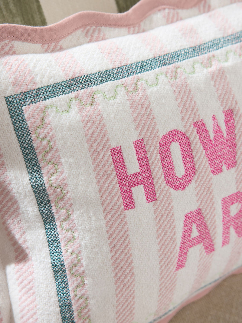 Embroidered slogan cushion pink striped 50x30cm, imported from the UK