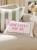 Embroidered slogan cushion pink striped 50x30cm, imported from the UK