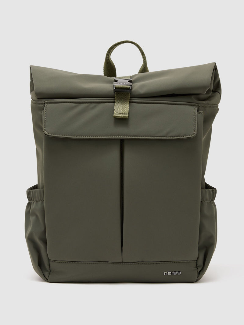Reiss Khaki Green Technical Roll-Top Backpack, imported from the UK