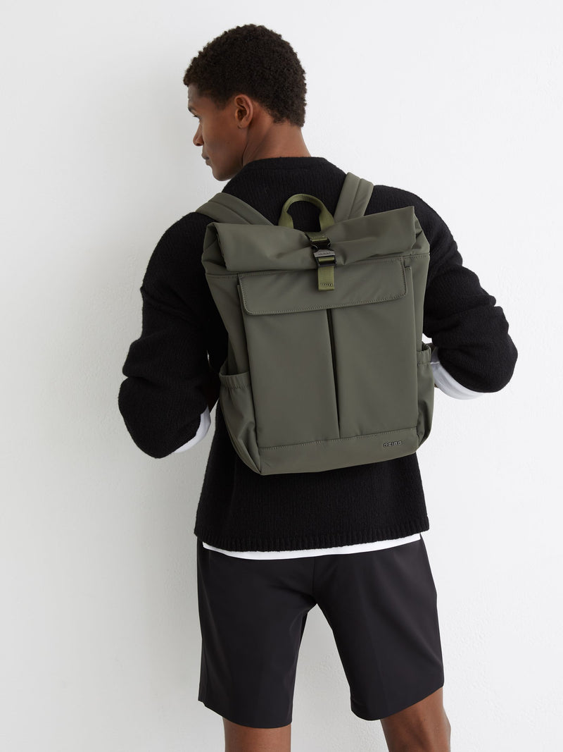 Reiss Khaki Green Technical Roll-Top Backpack, imported from the UK
