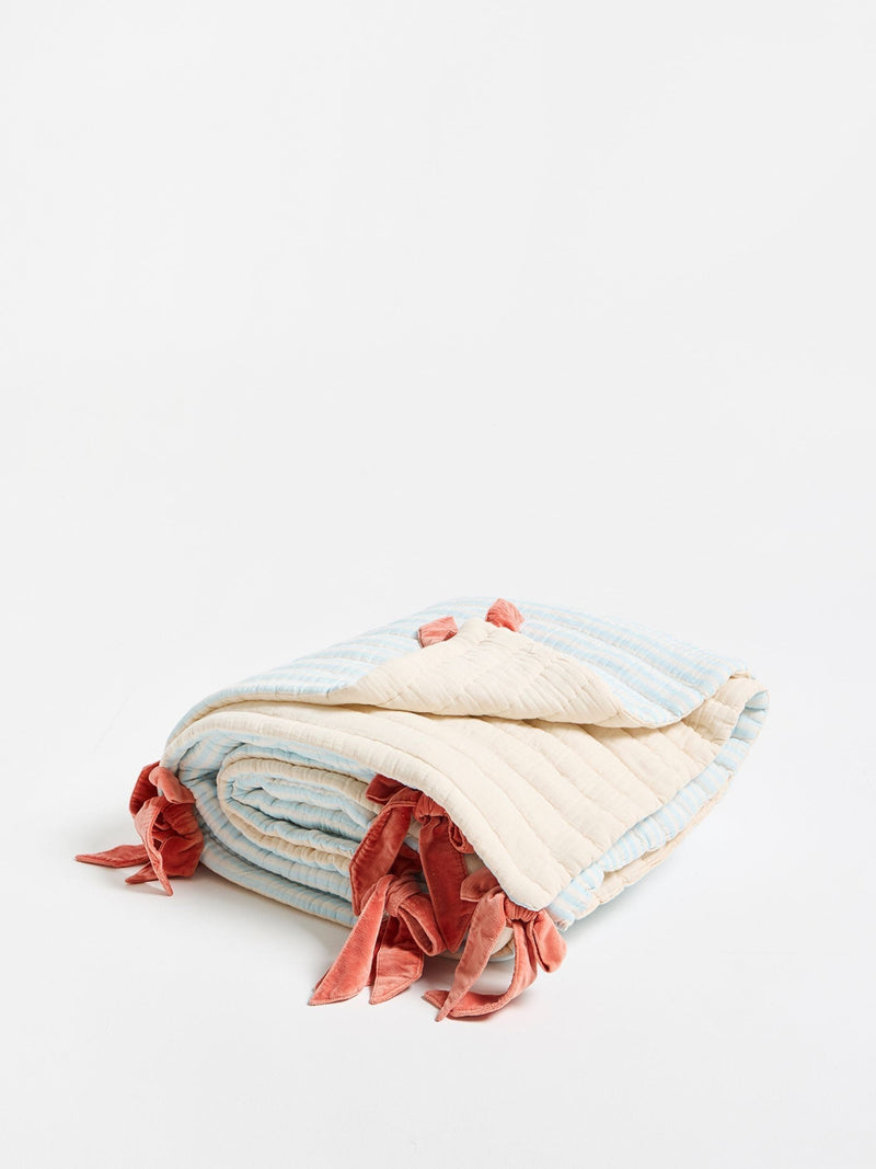 Oliver Bonas blue stripe bows reversible bedspread 220x220cm - British product