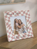 PMC personalised pink checkerboard ceramic photo frame 4x4, imported from the UK