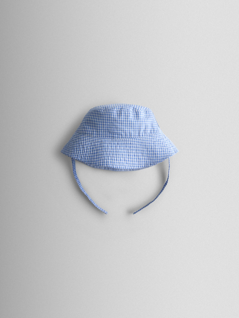 JoJo Maman Bébé light blue gingham reversible bucket hat (British brand)