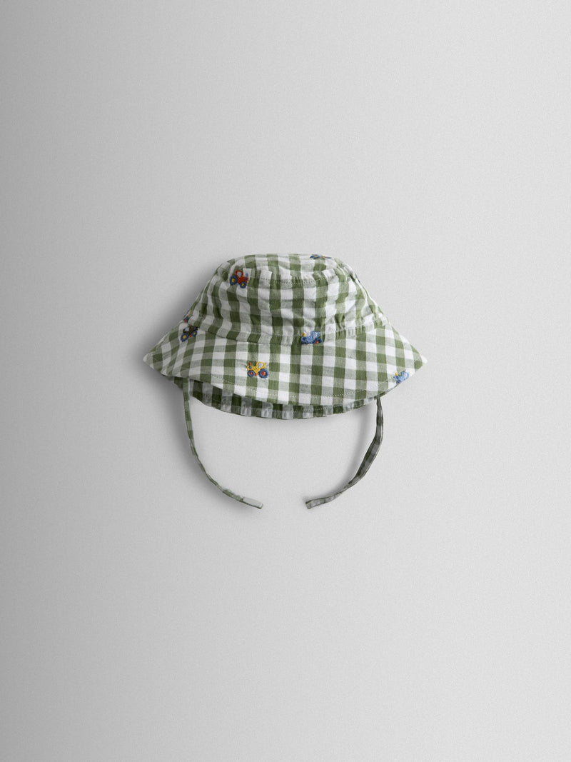 JoJo Maman Bébé green striped tractor sun hat, imported from the UK