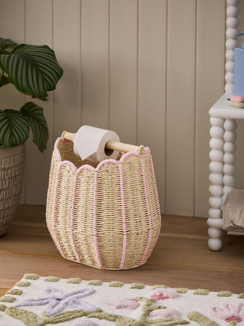 Pink scallop weave toilet roll holder and storage 40cm - British product