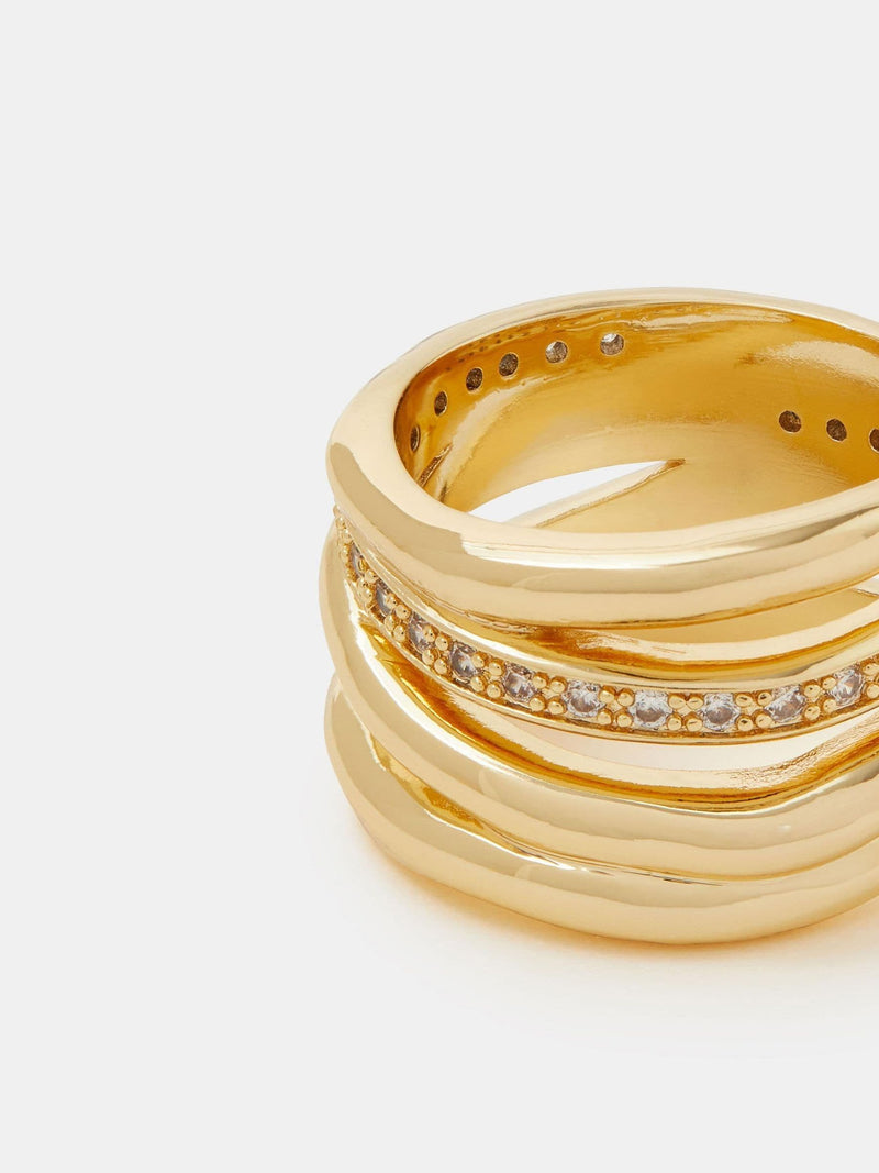 14k Gold Plated Molten Stack Ring with Pavé Diamantés