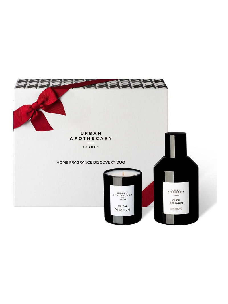 Urban Apothecary Oudh Geranium home fragrance duo with 100ml room spray and 70g candle (British brand)